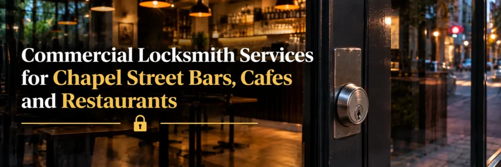 Commercial locksmith services for Chapel Street bars, cafes and restaurants with secure glass entry door