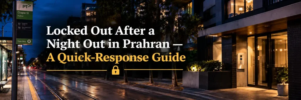 Locked out after a night out in Prahran with a secure apartment entrance and tram-lined street at night